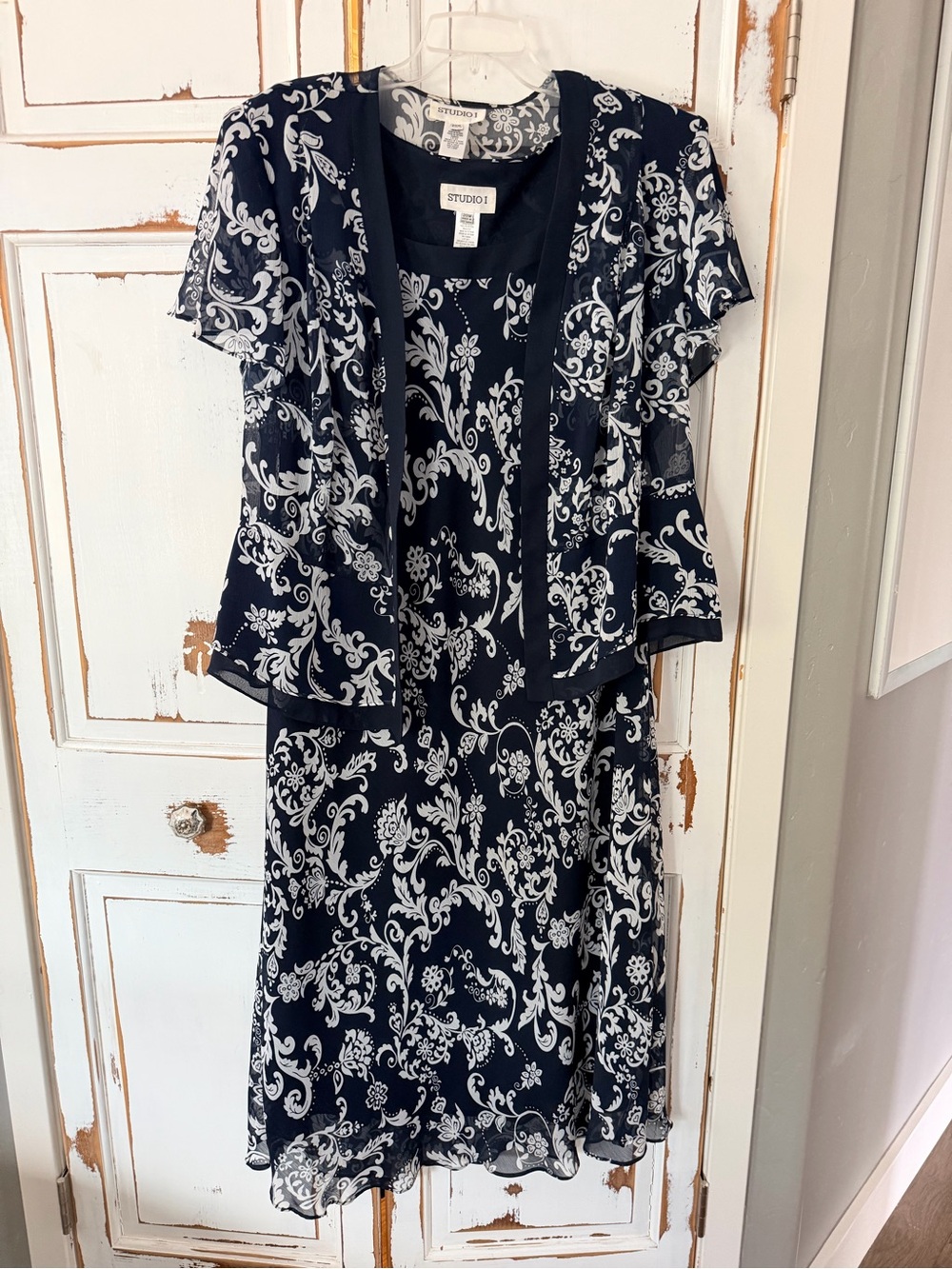 Studio 1 Navy and White Floral Scroll Midi Dress with Sheer Overlay Jacket